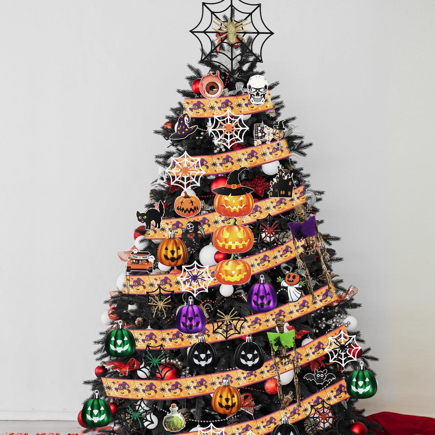 Halfchet 43 Pcs Halloween Hanging Tree Ornaments Decorations Spider Web Pumpkin Skull Bat Cat Eyeball Hanging Ornaments with Ribbon Pumpkin Toppers for Halloween Fall Party