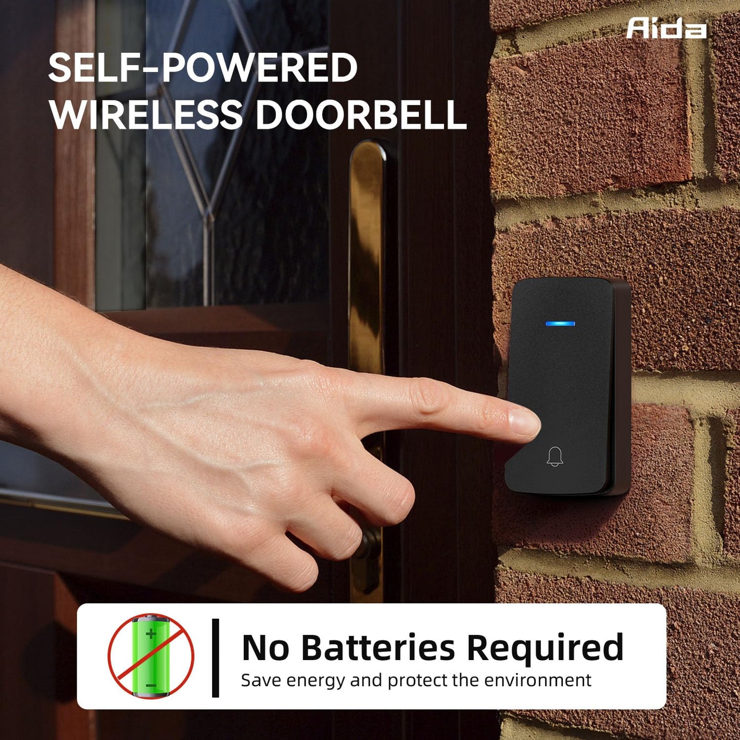 AIDA Wireless Doorbell, Self-powered Doorbell with Extra Socket, No Battery Required Push Button, Cordless Door Bell Ringer, 5 Volume Levels with 32 Doorbell Chimes (White, 2 Button & 1 Receiver)