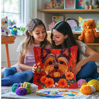 DIY Latch Hook Pillow Kits for Adults Yorkshire Terrier Dog in Flowers Printed Pillowcase Crochet Yarns Hooking Handmade Pillow Cover Cushion for Home Sofa Decoration 17x17inch-7