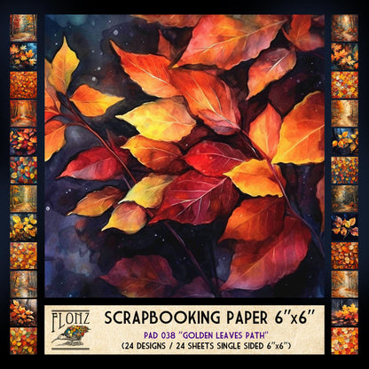 FLONZ Scrapbook Paper (24 sheets 6"x6") Golden Leaves Path ~ Autumn forest trails and vibrant fallen foliage in impressionist-inspired digital painting with rich warm tones and soft lighting