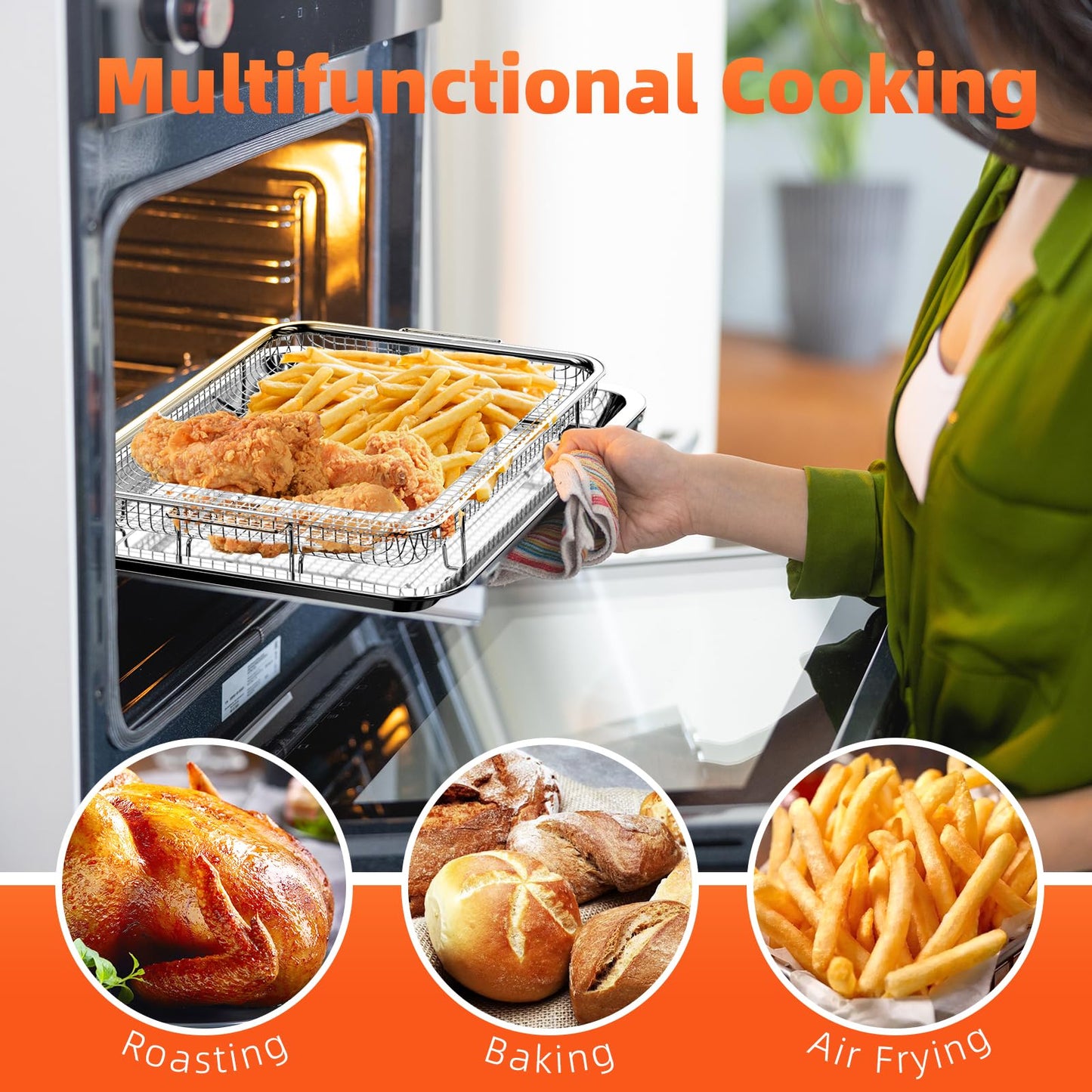 Air Fryer Basket for Oven, 2 Set Oven Air Fryer Basket and Tray with 60 PCS Parchment Papers, DEGOVIN Crisper Tray Non-stick Stainless Steel Air Fry Pans for Convection Oven(14.88" ×10.98"&13" × 9.7")