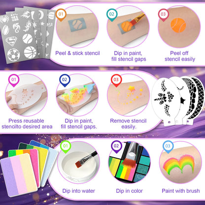 Fenmay Face Painting Kit for Kids - 42 Colors, Non-Toxic and Hypoallergenic, Stencils, Book, Brush, Sponge, and Professional Face Paint Makeup Palette- Safe and Easy to Use