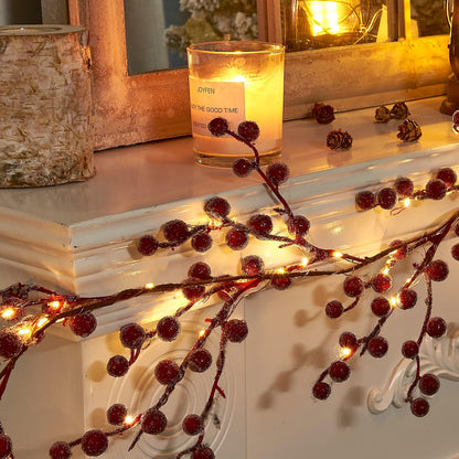 Vanthylit 6FT Red Berry Garland Lights, Battery Operated Christmas Garland with Timer for Holiday Decorations