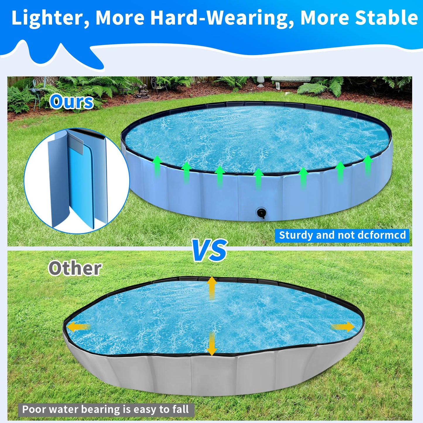Thecvia Dog Pool for Large Dogs Foldable Kiddie Pool Hard Plastic for Toddlers 1-3, Pets Bath Tub Portable Kids Pool for Backyard Outdoor Play Pool for Doggie Kitty 64x12 inches
