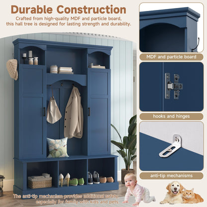 Modern Farmhouse Hall Tree with Adjustable Shelves & 7 Hooks, All-in-One Entryway Organizer, Shoe Cabinet & Storage Bench for Mudroom, Hallway, Classic Arched Design, Dual Side Cabinets (Blue Style6)