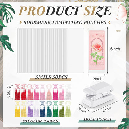 Fuyoooo 101 Pcs DIY Bookmark Making Kit Bookmark Laminating Pouches 5 Mil Hot Laminator Sleeves with Rainbow Tassels and Puncher Fit Most Pouch Laminating Machines Easter Gift(2.36 x 6.3 Inch)