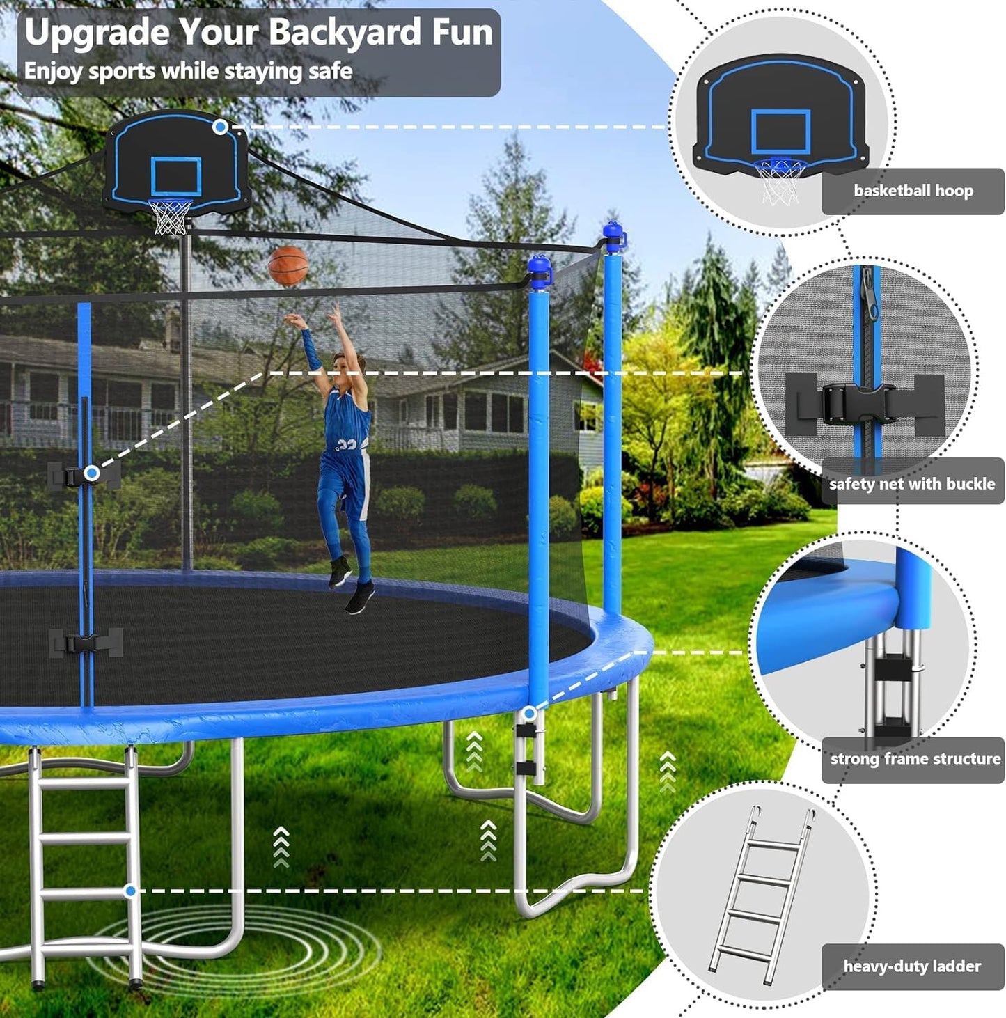 Lyromix Upgraded 16FT Trampoline with Lights, Large Outdoor Trampoline with Sprinkler,Basketball Hoop and Net, Capacity for 5-8 Kids and Adults, Classic Blue