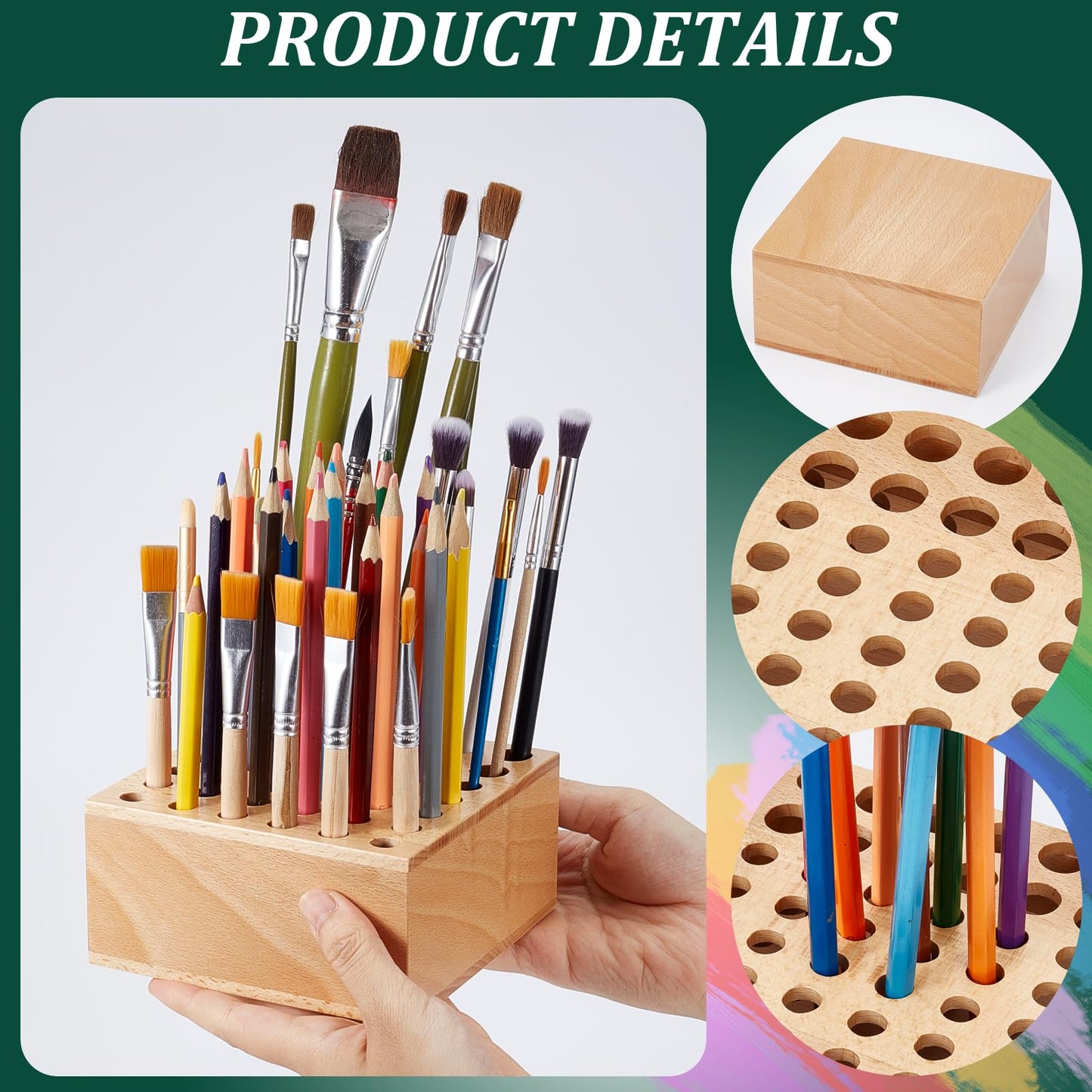 twinklemon Beechwood Paint Brush Holder 42 Holes Paint Brush Storage Organizer Paintbrush Holder Organizer Wooden Block Pencil Holder for Makeup Brushes Pens and Art Tools