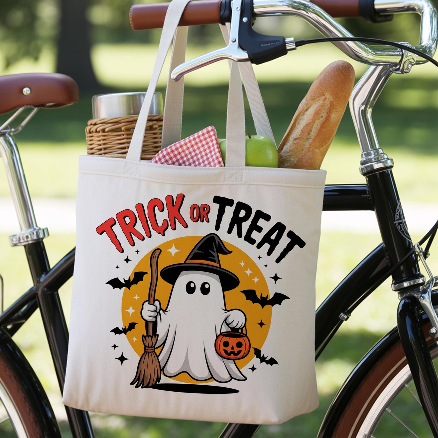LRYBUD Funny Halloween Tote Bag Trick or Treat for Women Canvas Womens Work Tote Bag Gifts