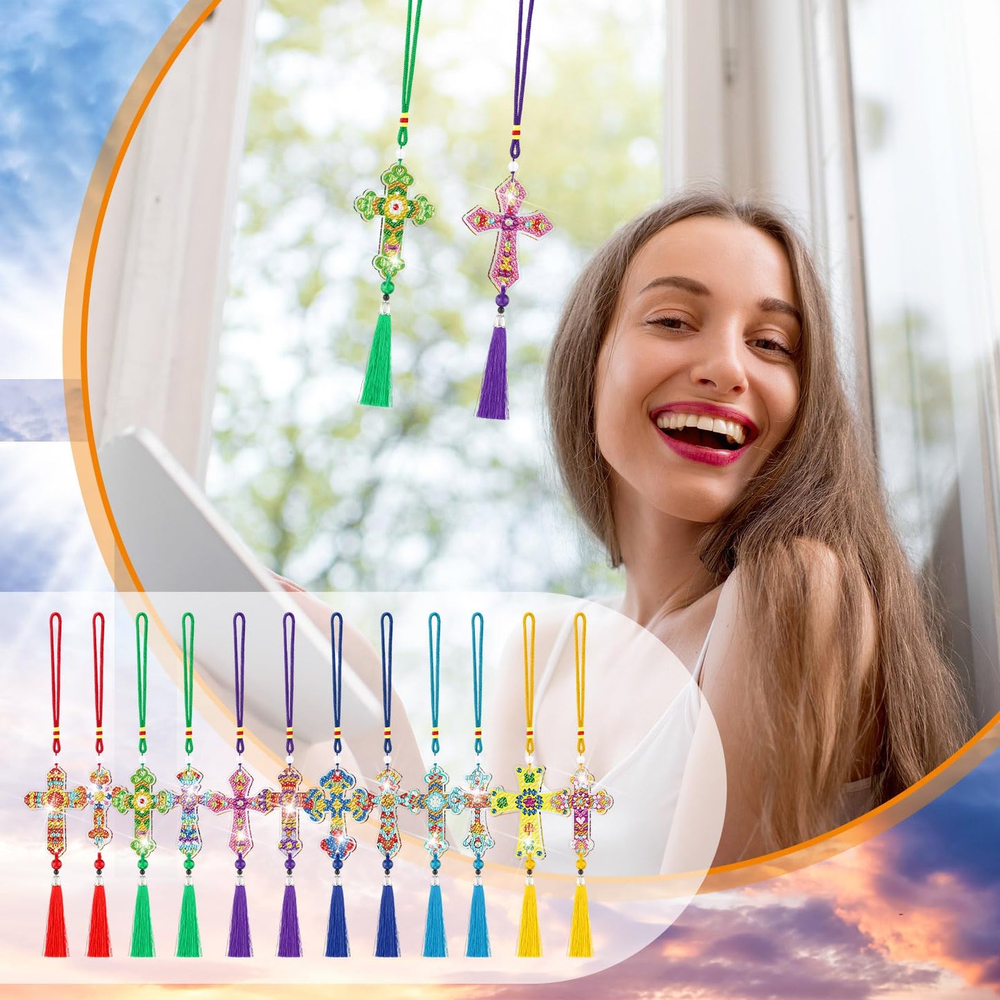 JenPen 12 Pcs Cross Diamond Art Kits Car Ornaments Double Sided Religious Cross Diamond Painting DIY 5d Christmas Painting Keychains Kits for Adults DIY Crafts