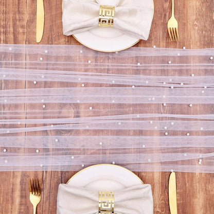 TuTive Gauze White Pearl Table Runner 10FT Sheer Spring Summer Pearl 120 Inch Valentine’s Day Tulle Table Runner for Dining Anniversary Wedding Table Decor for Home Party Decorations