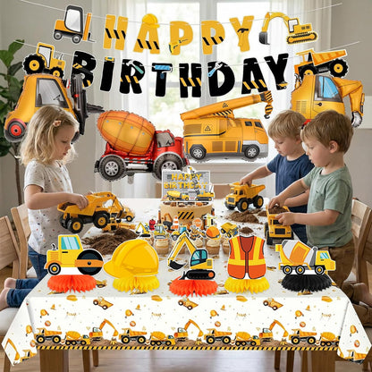 Set 4 Construction Birthday Party Supplies for Boy Birthday Decorations with Foil Truck Balloons Happy Birthday Banner