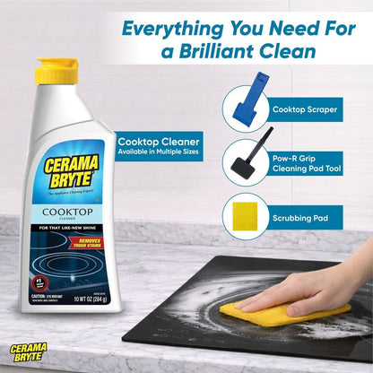 Cerama Bryte Glass Cooktop and Stove Top Cleaner Combo Kit - Includes Cleaning Tool, Razor, Scraper and 3 Pads to Remove Tough Stains - Use on Gas, Electric, Ceramic Surfaces, 10 Ounces, 6 Piece