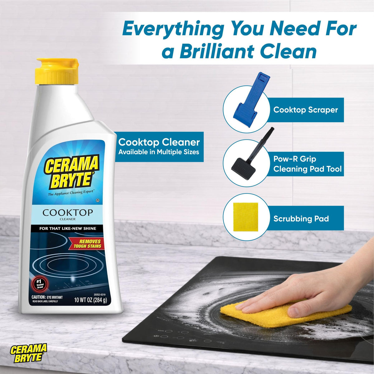 Cerama Bryte Glass Cooktop and Stove Top Cleaner Combo Kit - Includes Cleaning Tool, Razor, Scraper and 3 Pads to Remove Tough Stains - Use on Gas, Electric, Ceramic Surfaces, 10 Ounces, 6 Piece