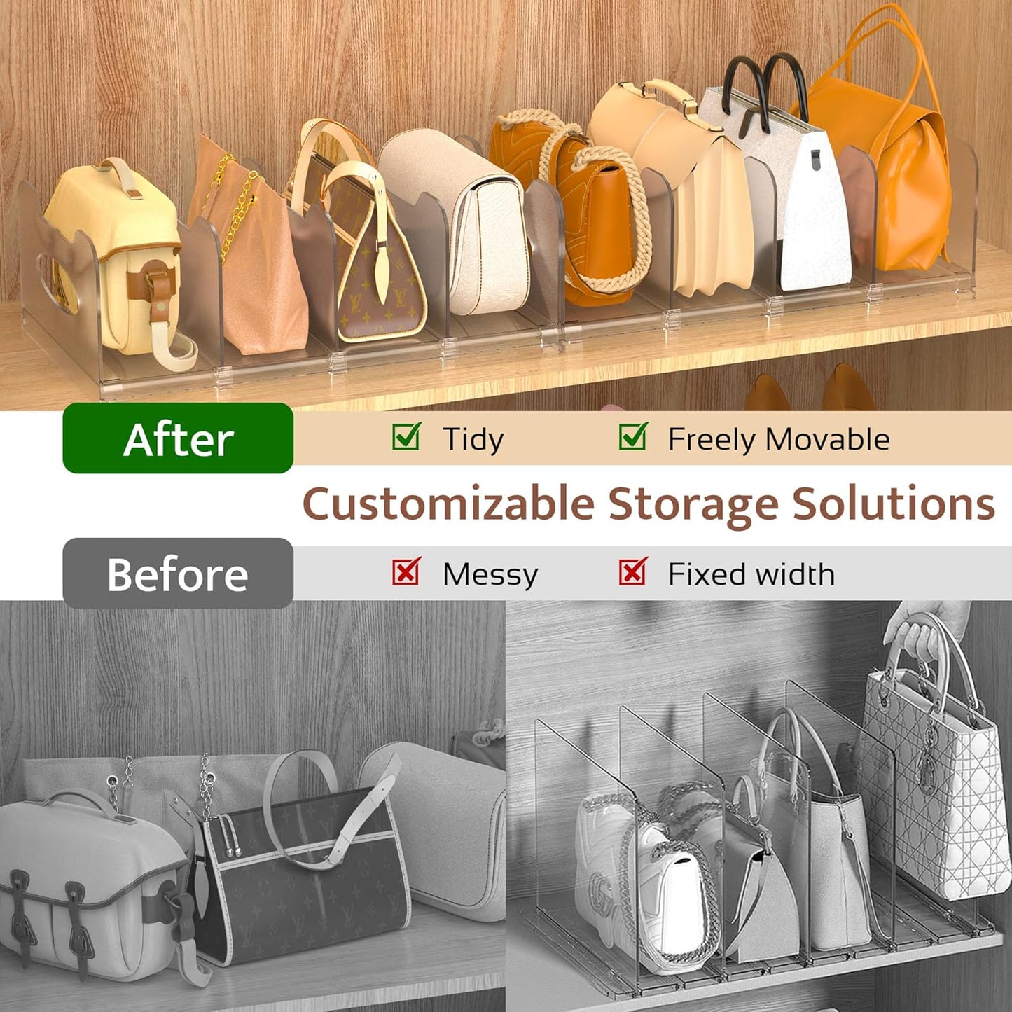 2-Pack Closet, Closet, SURETIVIAN Purse Organizers for Adjustable Small Shelf Divider Rack for Clear Handbag Storage