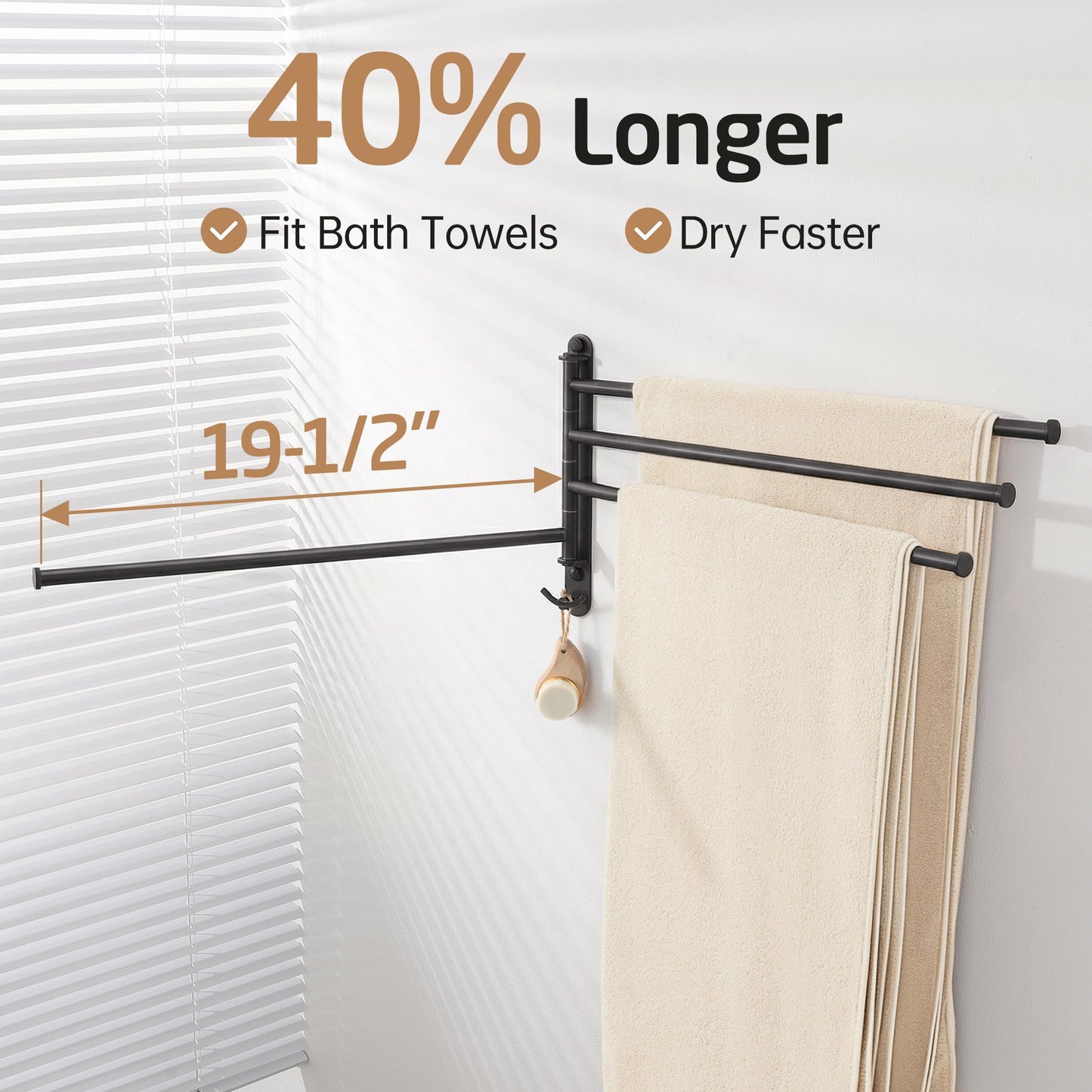 KES Extra Long 19.5" Swivel Towel Rack, Black Swing Arm Towel Bar 4-Arm, Swing Out Towel Rack for Bathroom Wall, Hand Towel Racks Wall Mounted 18/8 Stainless Steel Matte Black, A2103S4L50-BK