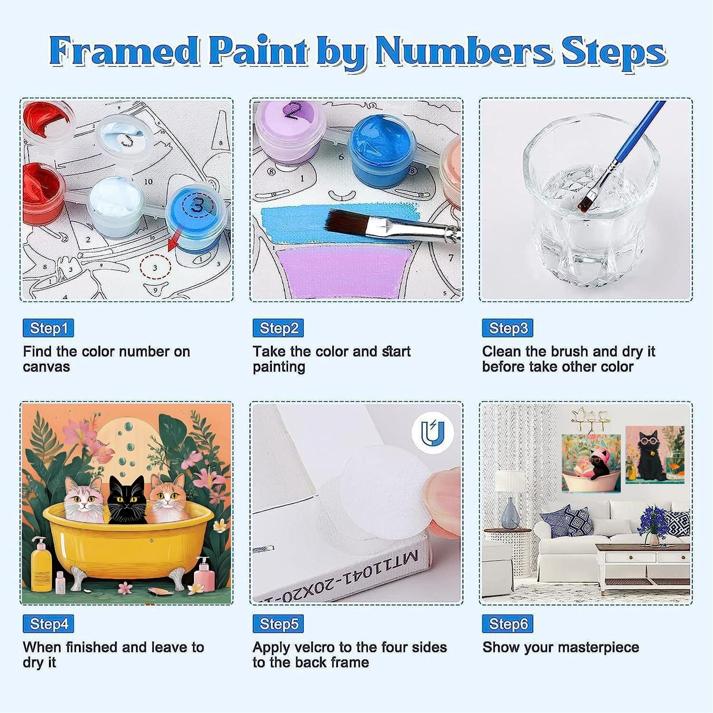 Canrichshop 4 Pack Cat Paint by Numbers for Beginner,Black Cat Adult Paint by Number Kits on Canvas Framed, DIY Number Paintings for Adults for Wall Home Decor 8X 8 inch