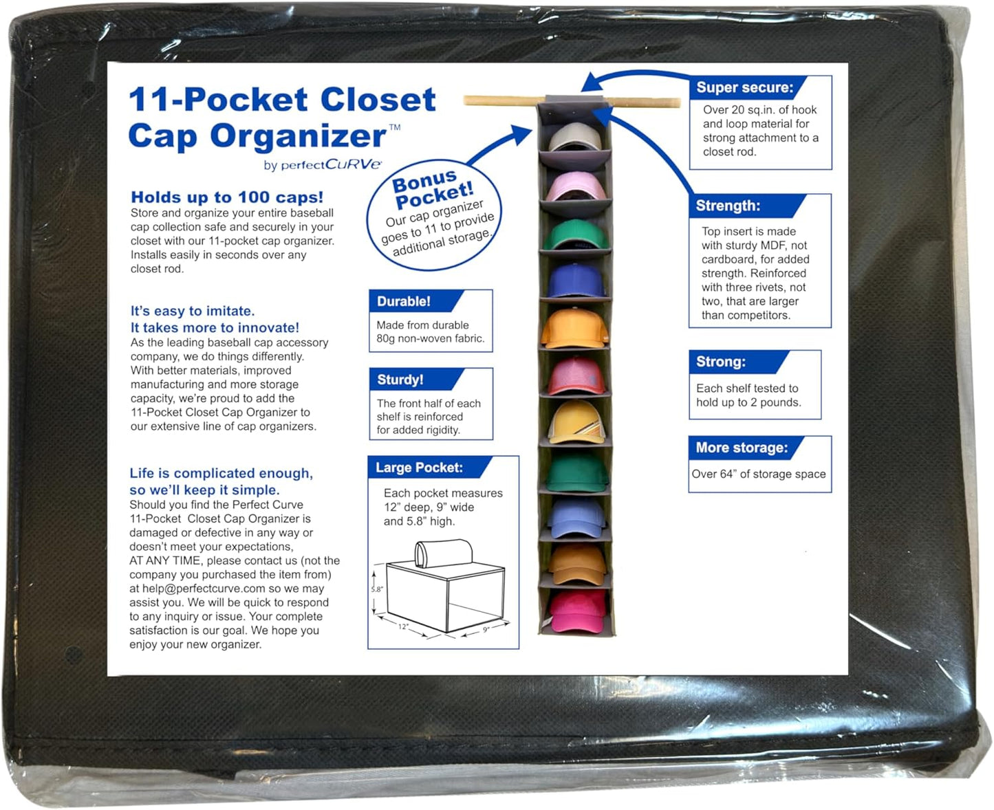 Perfect Curve 11-Pocket Baseball Hat Organizer - Gray Hat Storage Rack for Closet, Holds 100 Caps