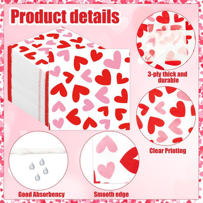 100 PCS Valentines Day Cocktail Napkins 5'' x 5'' Love Heart Disposable Paper Napkins 3 Ply Red Pink Heart Beverage Napkin for Valentines Wedding Anniversary Birthday Party Supplies Dinner Table Decor