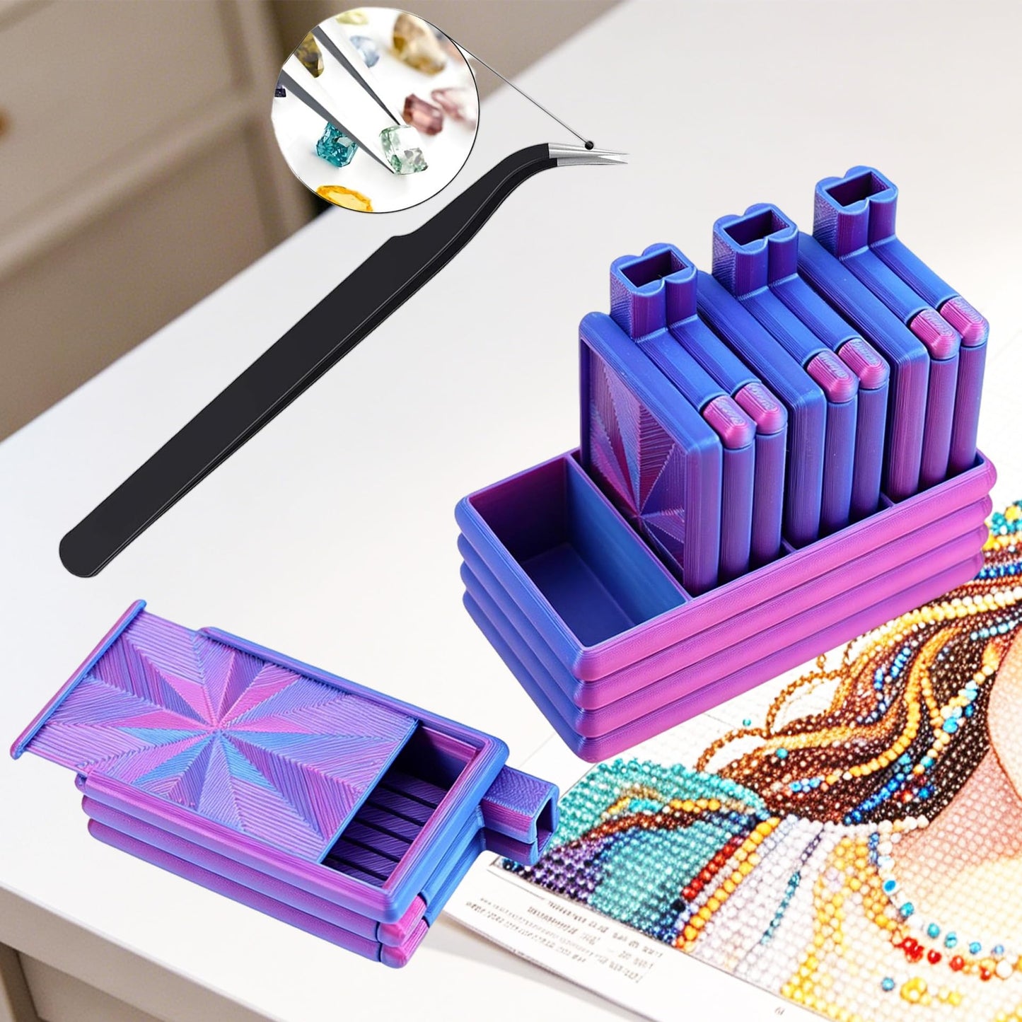 Diamond Painting Trays with Lid, 4Pcs Diamond Art Tray with 4 Compartments Diamond Painting Storage Organizers Case, Tweezers, Brushes, 16pcs Ziplock Pouches Bags for Diamond Art Kit (Blue Purple)