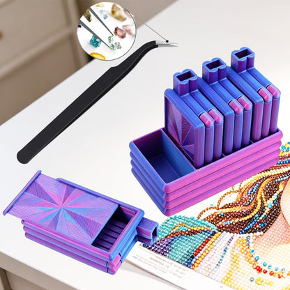 Diamond Painting Trays with Lid, 4Pcs Diamond Art Tray with 4 Compartments Diamond Painting Storage Organizers Case, Tweezers, Brushes, 16pcs Ziplock Pouches Bags for Diamond Art Kit (Blue Purple)