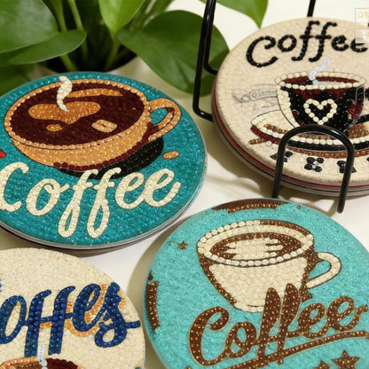 8 Pcs Coffee Diamond Art Coasters Kits with Holder, DIY Diamond Painting Coasters for Adults and Beginners, Small Diamond Art Kit Craft Supplies with Non-Slip Cork Base for Home Decor Gift 4.02inch