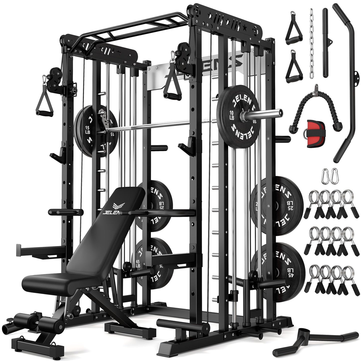 JELENS Smith Machine for Home Gym, Multi-Function M12 Power Cage, Squat Rack with Smith Bar and More Attachment (Black, 190LB Black Weights Package)