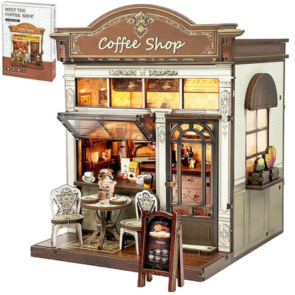 HYXBXSS Book Nook Kit, DIY Miniature House Dollhouse Kit for Adults and Teens, Booknook Tiny House Bookshelf Decor with LED, Coffee Shop Building Kit 3D Wooden Puzzles, Gifts for Family and Friends