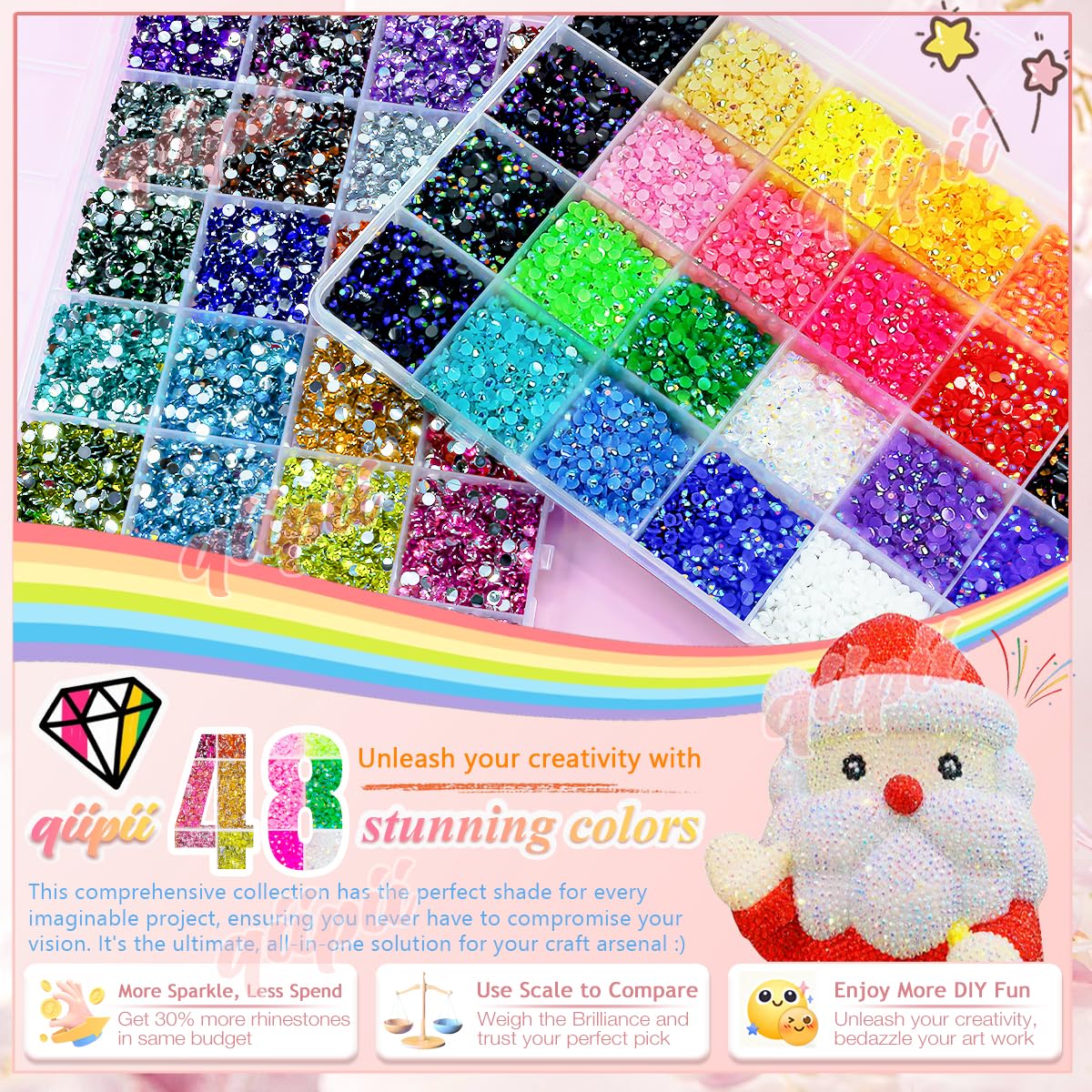 qiipii 48 Color 3mm Jelly AB & Crystal Colorful Resin Rhinestones for Bedazzling Crafting SS10 Flatback Stones Gems Diamonds Charms for Nails Eyes Face Makeup Beauty Tumblers Bottles DIY Crafts Shoes