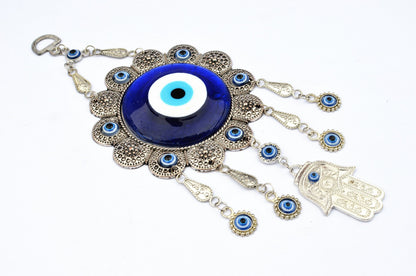Blue Evil Eye with Hamsa Hand Protection Wall Hanging Ornament Decor Sunflower Design (with a Betterdecor Pouch)-006