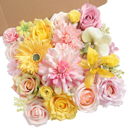 rongflower Yellow Pink Artificial Flowers Combo Set Fake Flower Leaf Box with Stemst for DIY Wedding Bridal Bouquet, Centerpieces, Home Decor, Floral Arrangement Decor