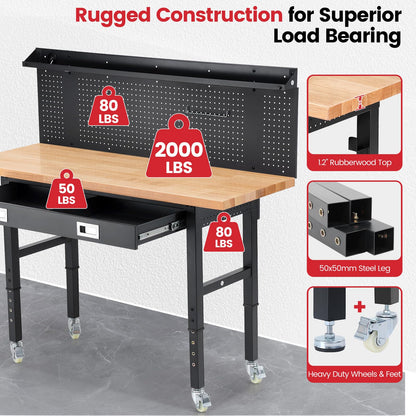 ENJOYWOOD Work Bench with Wheels 60 x 22 Inch Heavy Duty Rubberwood Tabletop Work Table Adjustable Height Garage Workbench with LED, Drawers, Pegboard, Power Outlets for Woodworking Shop, Home, Office