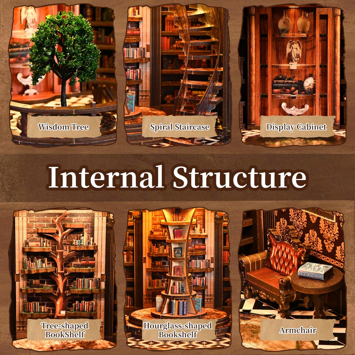 Book Nook Kit for Adult-3D Wooden Puzzles Miniature Library Bookshelf Insert Bookend Decor，Adult Miniature Model with LED Light and Dust Cover, Touch Switch, Adult Craft Kits Gift