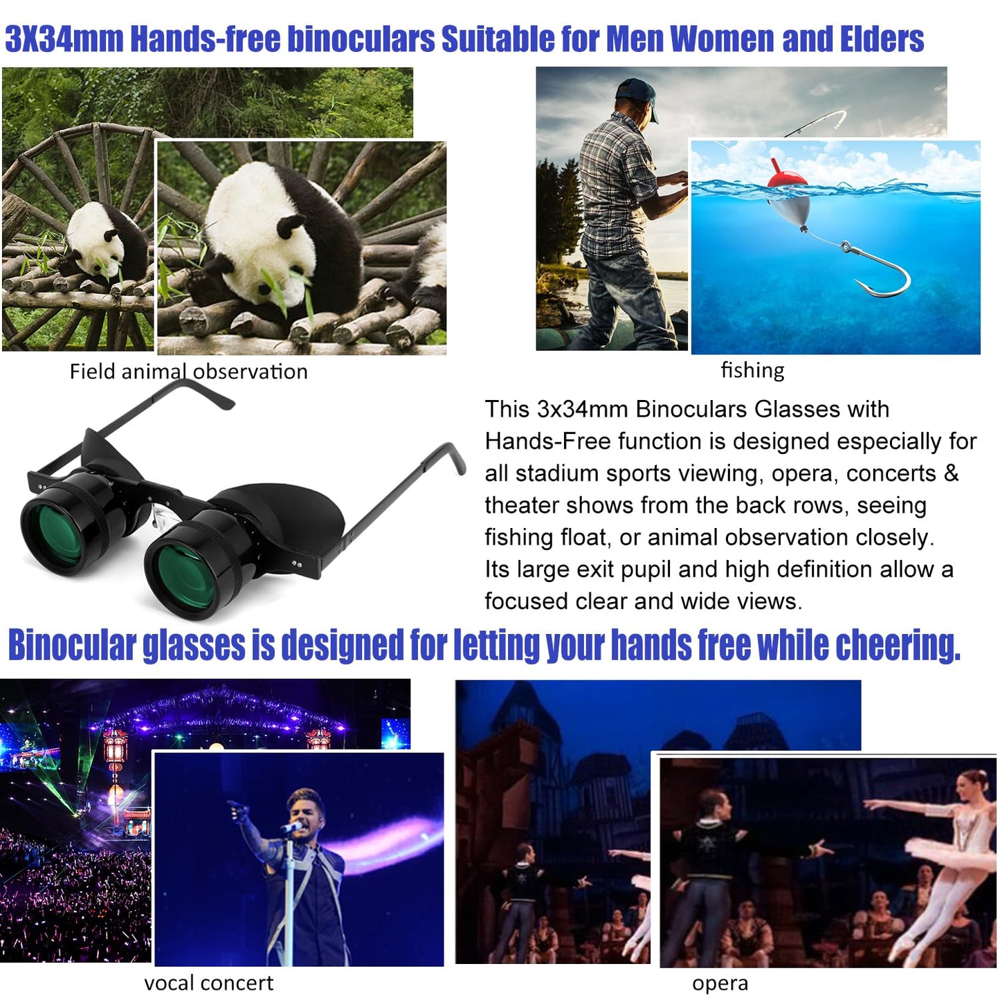 Professional Hands-Free Binocular Glasses for Fishing, Bird Watching, Sports, Concerts, Theater, Opera, TV, Sight Seeing, Hands-Free Opera Glasses for Adults (Green Film Optics)-Upgraded