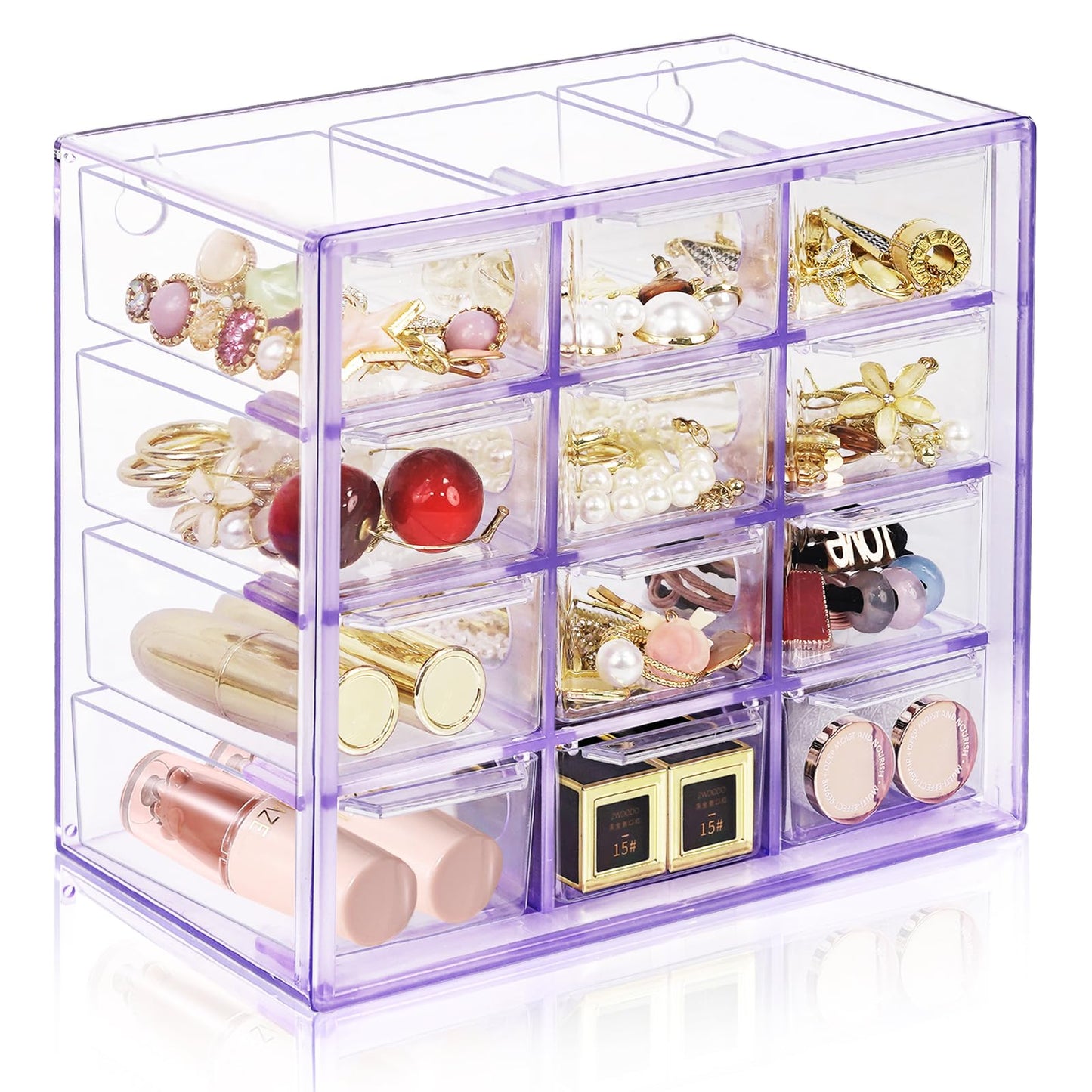 FODIENS Desk Storage Organizer with 12 Mini Drawers, Clear Desktop Craft Drawer Cabinet, Stackable Storage Box Caddy for Makeup Jewelry Office Craft Supplies (Purple)