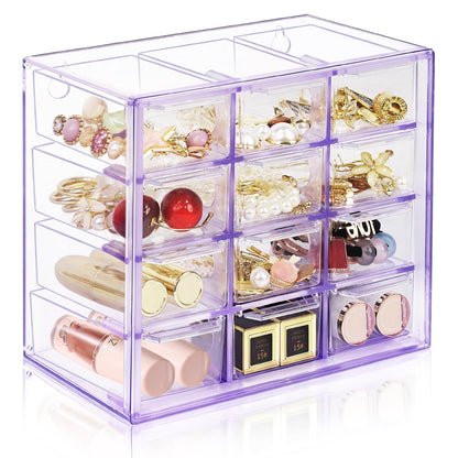FODIENS Desk Storage Organizer with 12 Mini Drawers, Clear Desktop Craft Drawer Cabinet, Stackable Storage Box Caddy for Makeup Jewelry Office Craft Supplies (Purple)