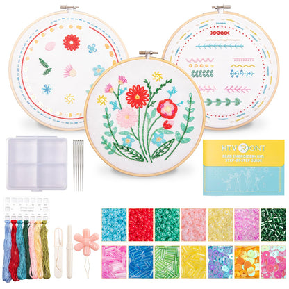 HTVRONT Bead Embroidery Kit for Beginners 3 Sets Bling Bling Bead Embroidery Kit with Step By Step Stitch Video & Instructions, Three-Dimensional Starter Embroidery Set with 19 Stitches for Gift