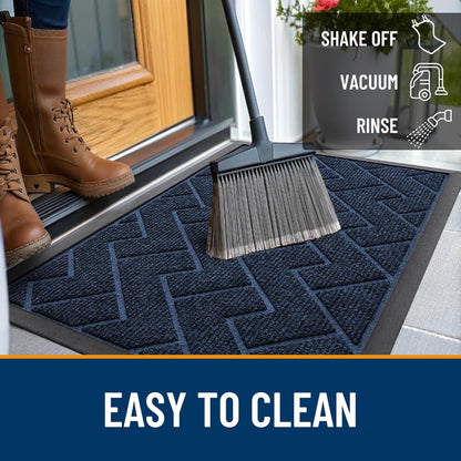 OLANLY Waterproof Front Door Mat - All-Season, Sturdy Natural Rubber, Easy Clean Herringbone Design (Blue, 47x32)