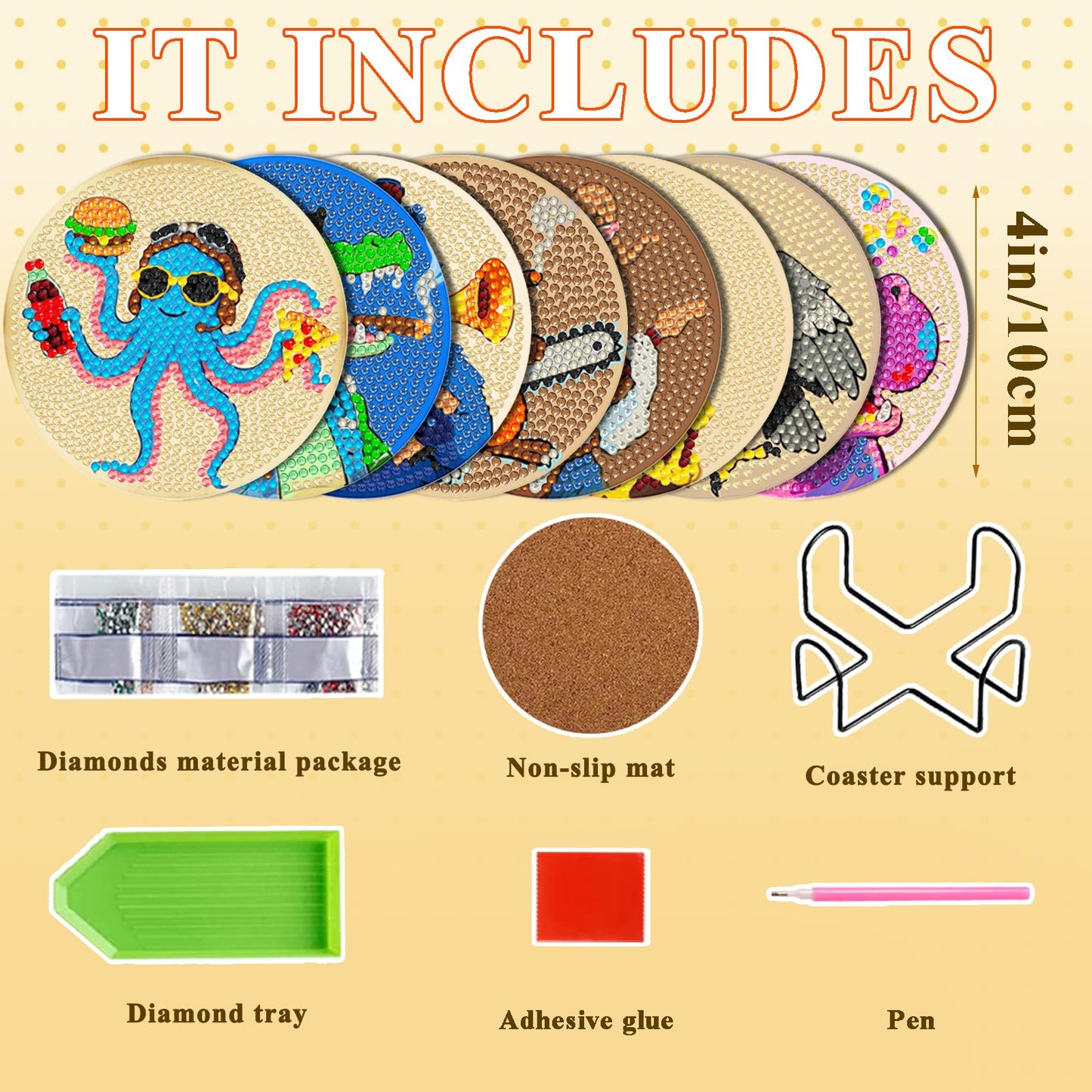 DOTSOPS Animal Diamond Painting Coaster with Holder 5D Diamond Art Kits for Adults Round Full Drill Beginners Gem Dots Craft Arts Supplies Party Home Decor 8pcs