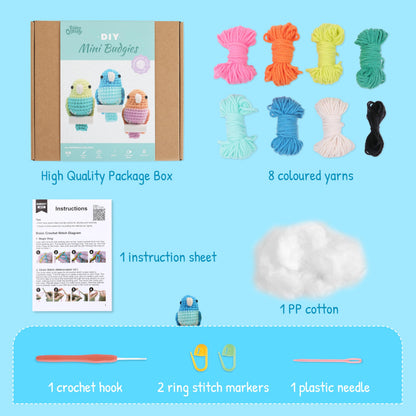HOUSE CREATIVITY Crochet Kit for Beginners, Make 3 Mini Budgie Birds, Amigurumi Crochet Starter Kit with Step-by-Step Video Tutorial, Yarn, Hook, Eyes & Stuffing, DIY Craft Kit Gift for Adults