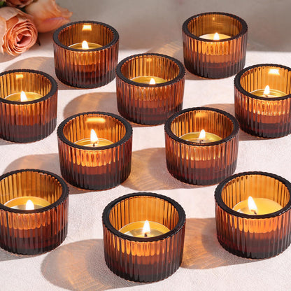 Lanttu Tealight Candle Holder Set of 12, Amber Small Votive Candle Holders for Table Centerpiece,Glass Tea Light Candles Holder for Party&Home,Wedding Decor
