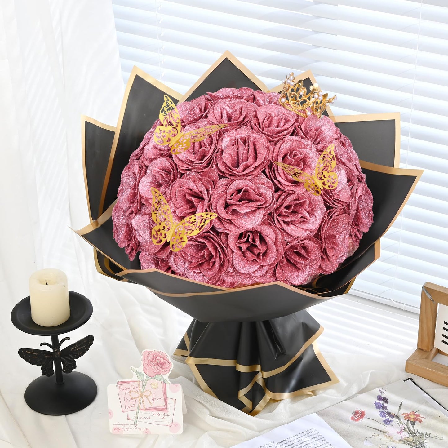 Waipfaru Rose Gold Glitter Roses Bouquet, DIY Flowers Bouquet, Birthday Gifts for Women Mom Grandma Wife Girlfriend, 36 Pcs Fake Rose for Valentines, Mothers Day, Anniversary, Graduation Gifts