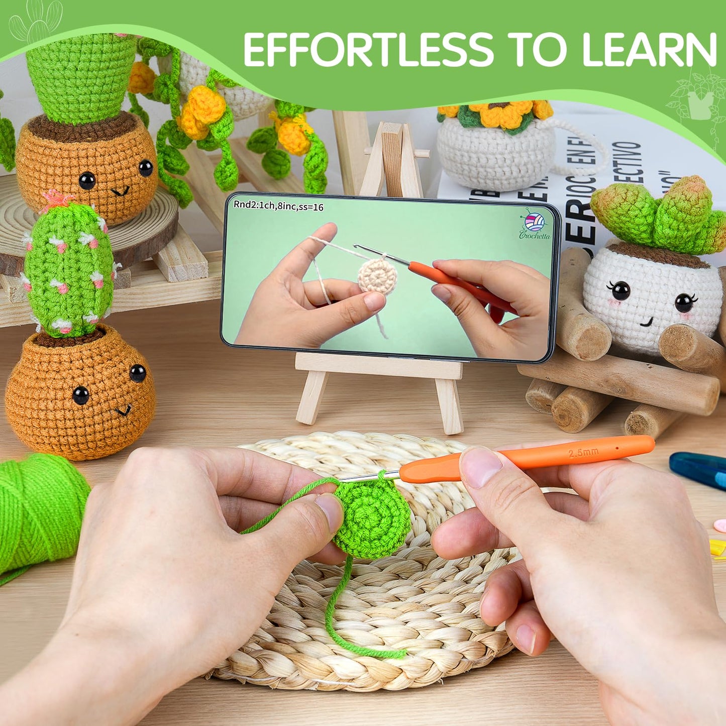 Crochetta Crochet Kit for Beginners, Crochet Starter Kits for Adults, Amigurumi Craft Knitting Crocheting Kits with Step-by-Step Video Tutorials, 6 Pc Hanging Potted Plants Family(40%+ Yarn