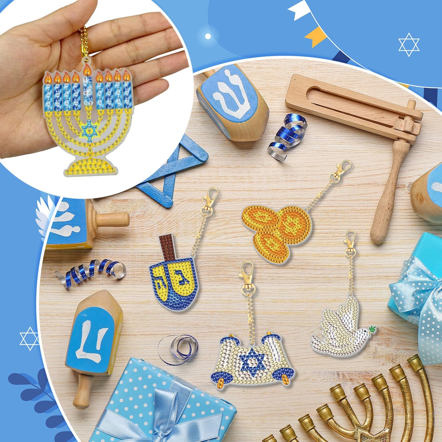 Cinrobiye 24 Pcs Hanukkah Diamond Painting Keychains Kits Chanukkah 5D DIY Art Pendants Double Sided Hanging Ornaments Rhinestone Mosaic Making Set for Hanukkah DIY Party Favors Decor Supplies