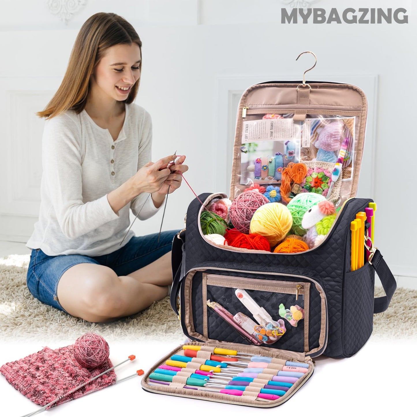 MYBAGZING Crochet Bag Organizer - Quilted Storage Bag with Hanging Hook, Knitting & Yarn Tote for Crochet Accessories, Mother's Day Gift