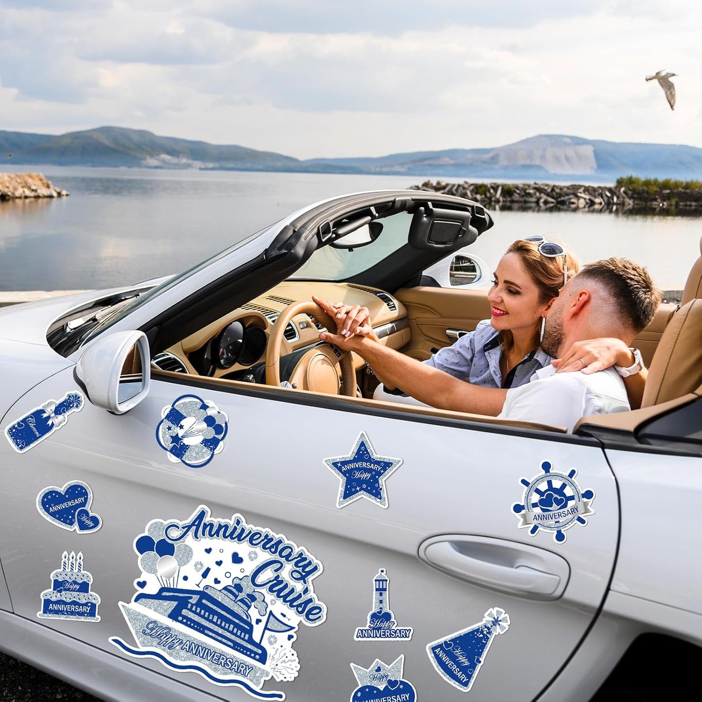 Happy Anniversary Cruise Door Magnets, Blue Silver Magnetic Decorations for Wedding Party, Refrigerator Decor