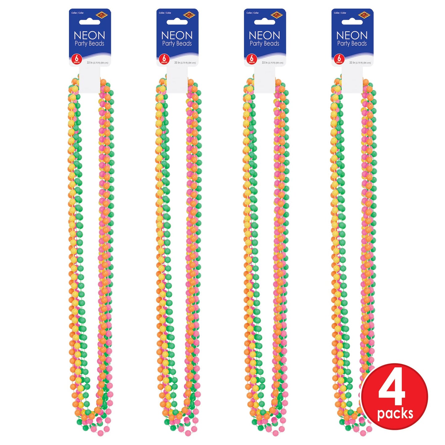 Beistle Neon Party Beads – 24 Pack Bright Round Ball Necklaces in Assorted Yellow, Green, Pink & Orange for Discos, Glow Parties, Mardi Gras, 70s, 80s and 90s Decade Theme, Festivals and Parades, 33"