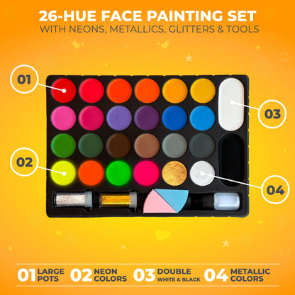 Zenovika Face Painting Kit for Kids - 26 Colors Face Paint Kit, Non-Toxic and Hypoallergenic, Stencils, Book, and Professional Halloween Makeup Kit - Safe and Easy to Use Face Paint Kit for Kids