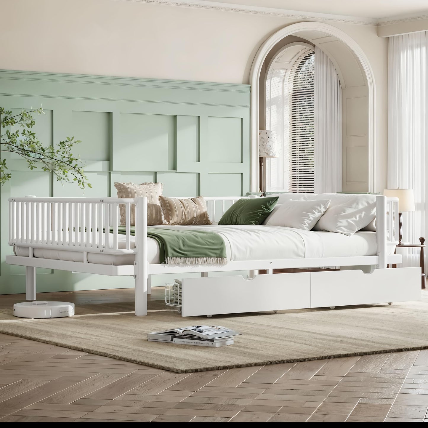 KEIKI Queen Size Metal Platform Bed Frame with 2 Storage Drawers, Modern Daybed with Strong Metal Slats & Upgraded Safety Round-Pipe Design, No Box Spring Needed, Easy Assembly, for Bedroom, White