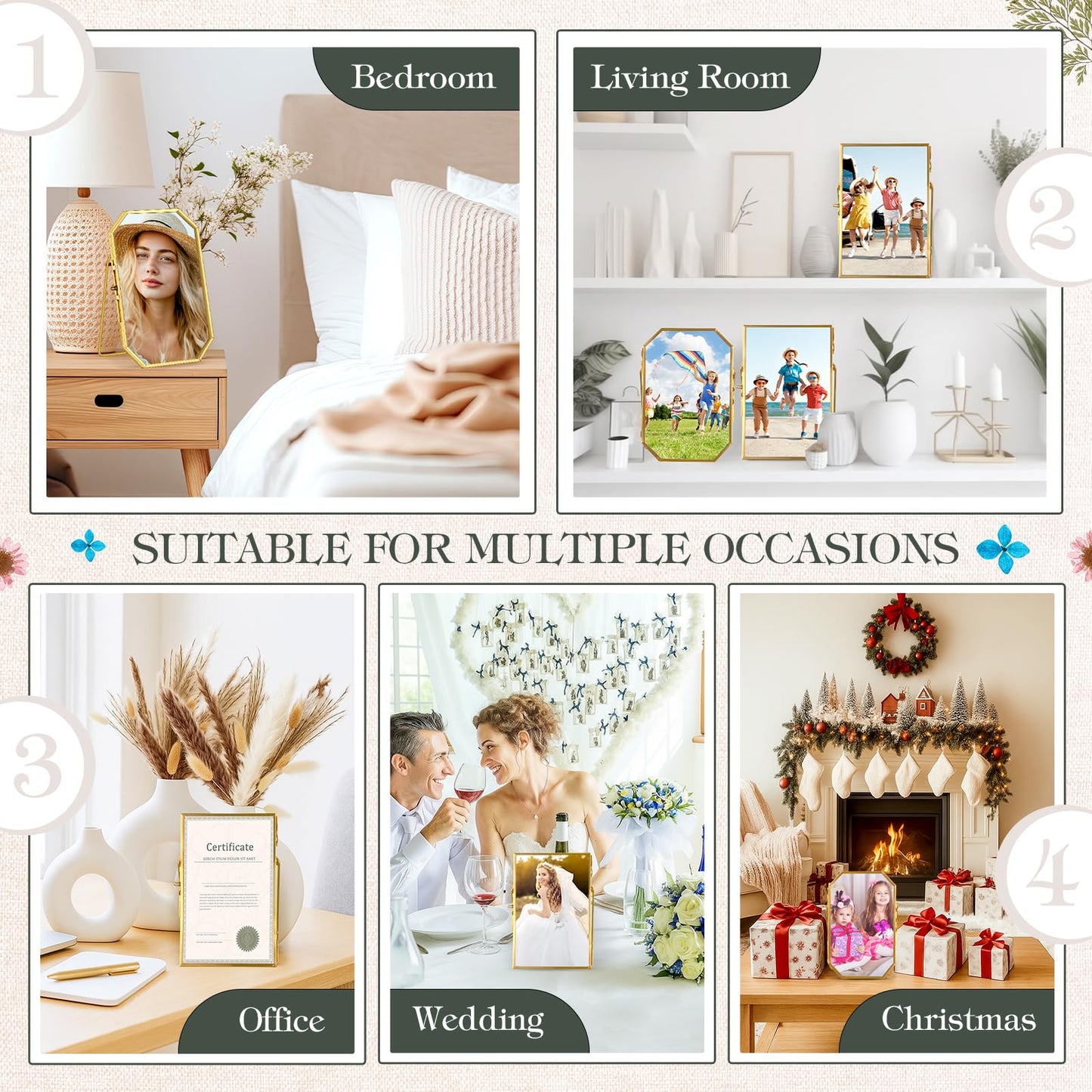 Amyhill 2 Pcs Glass Pressed Flower Frame with Dried Pressed Flowers, Brass Double Glass Photo Frame Includes 72 Pcs Real Dried Flowers, 65 Piece Butterfly Stickers and Tweezer for Handicrafts